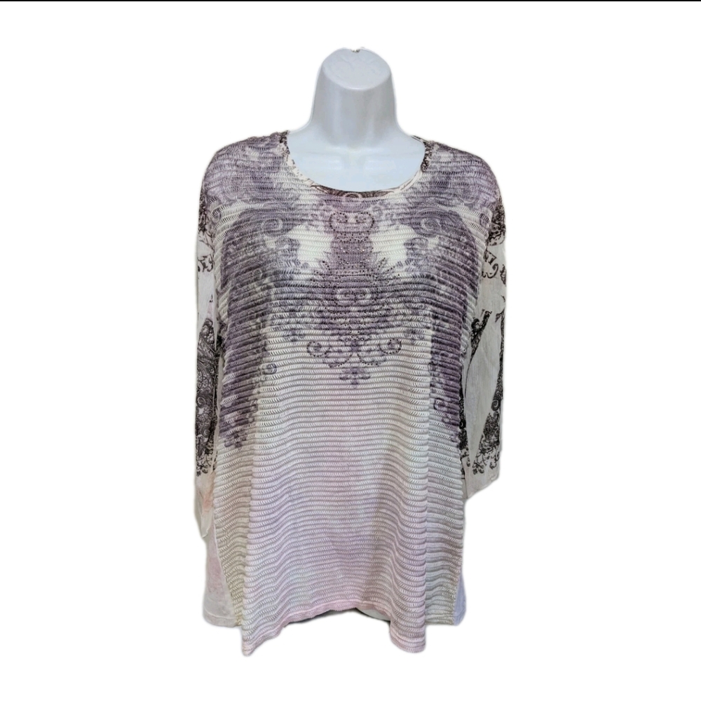 Cal Style Burnout Mix Media Long Sleeve Top Tunic Whimsical Nylon Blend #7200